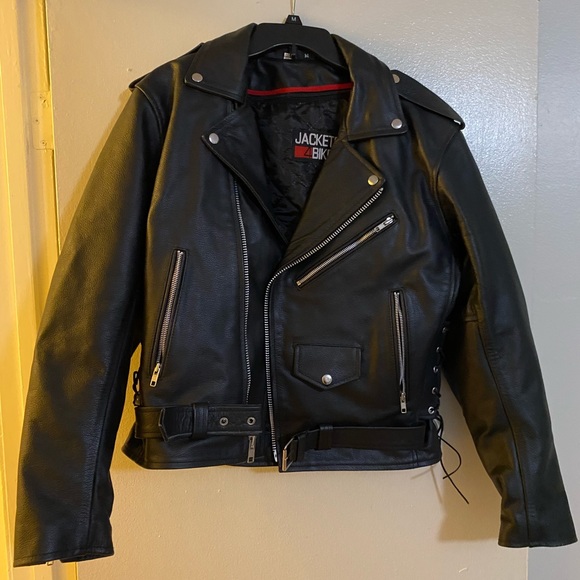 black buffalo leather brando style motorcycle jacket sz M